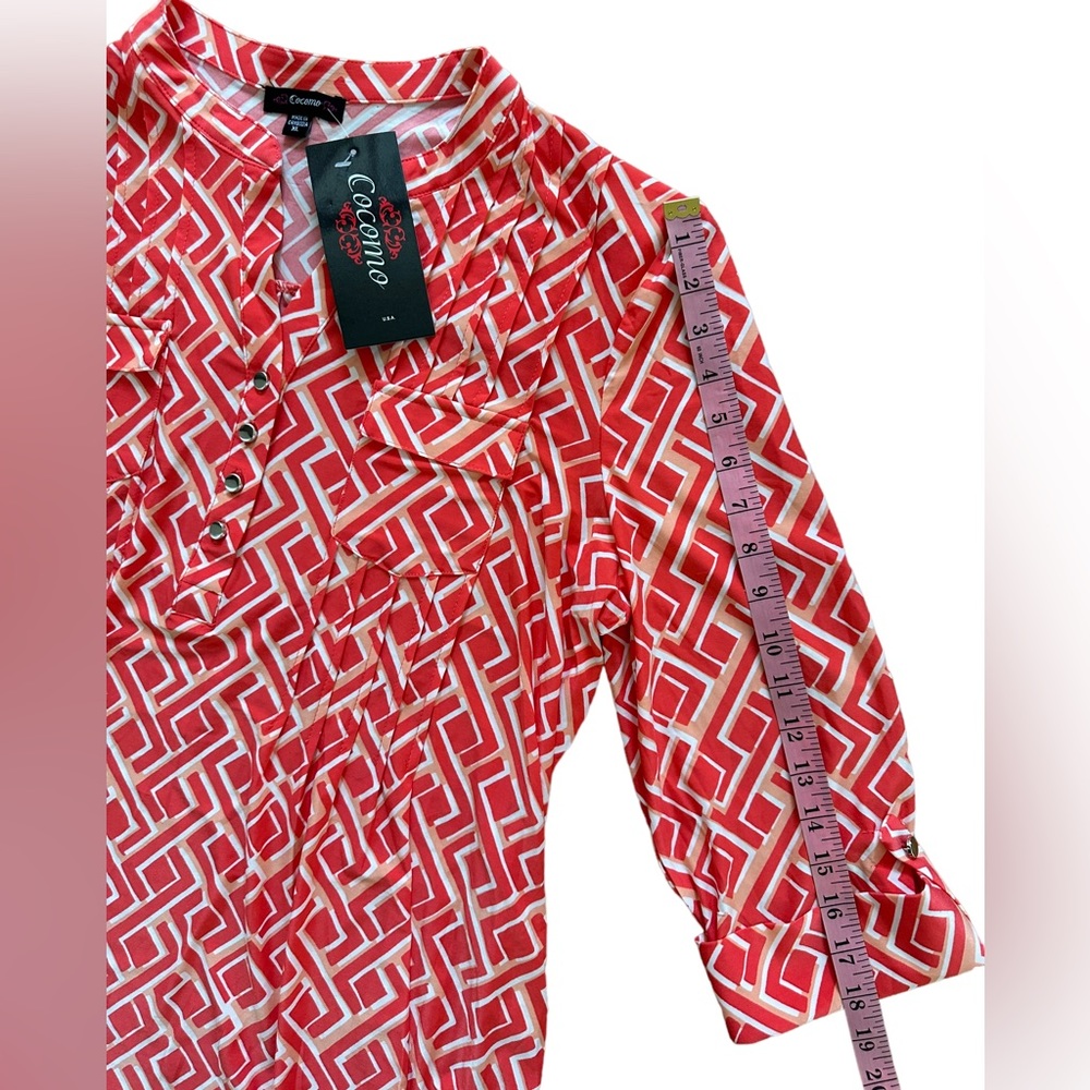 COCOMO XL Coral orange white 3/4 sleeve women’s Pintuck Blouse top shirt - Picture 14 of 15